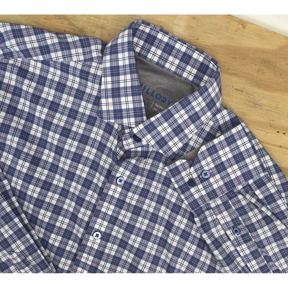 Twillory Shirt Mens 16.5 34/35 Tailored Blue Plaid Button Up Performance